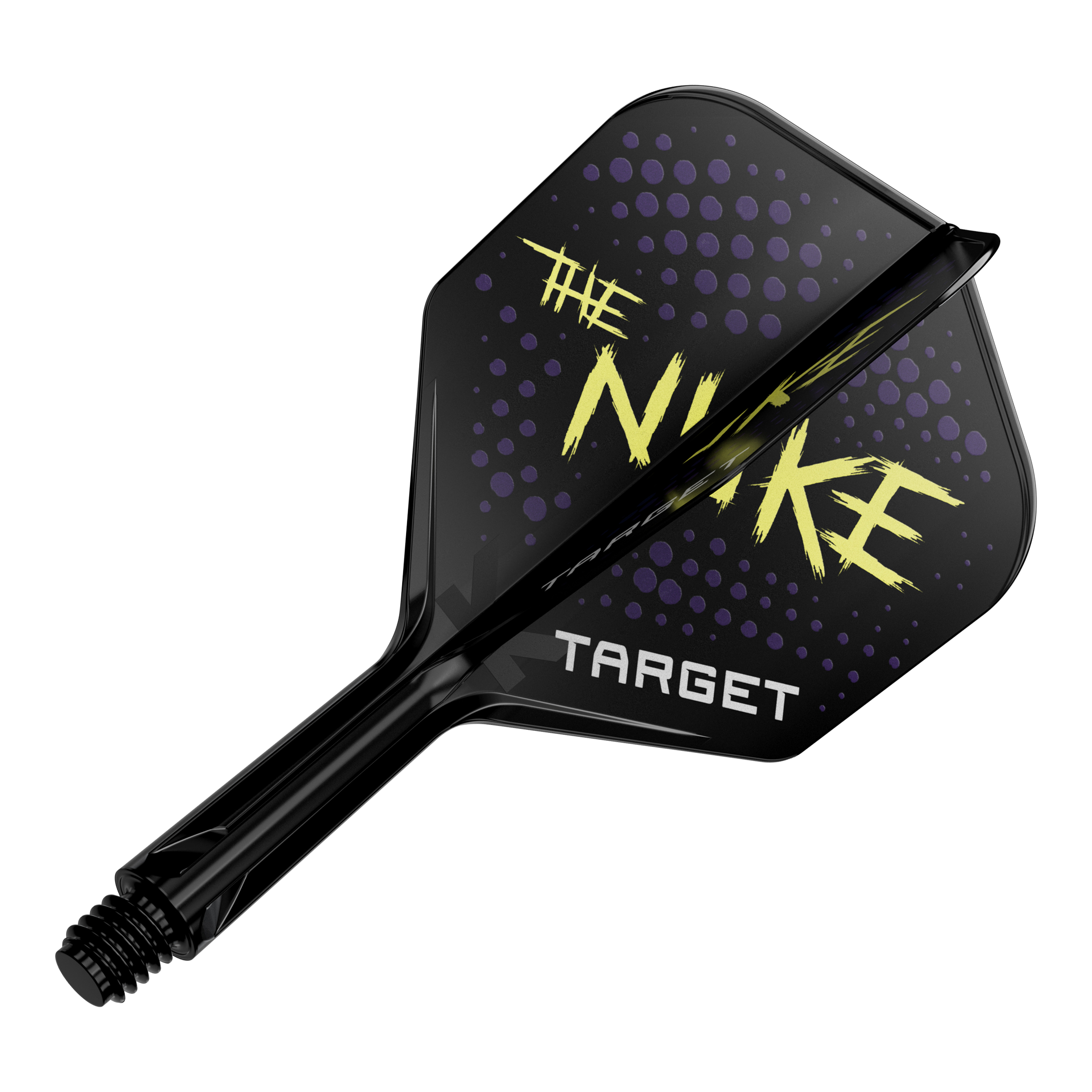 Das Bild zeigt einen schwarzen Dartflight mit der Aufschrift "THE NUKE" in gelber Schrift. Darunter steht das Wort "TARGET" und im Hintergrund sind lila Punkte zu sehen.